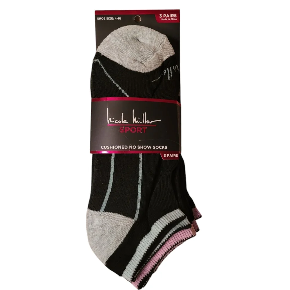 Nicole Miller No Show Socks Black Mint Pink‎ Purple Set of 3 NWT Size 4 to 10